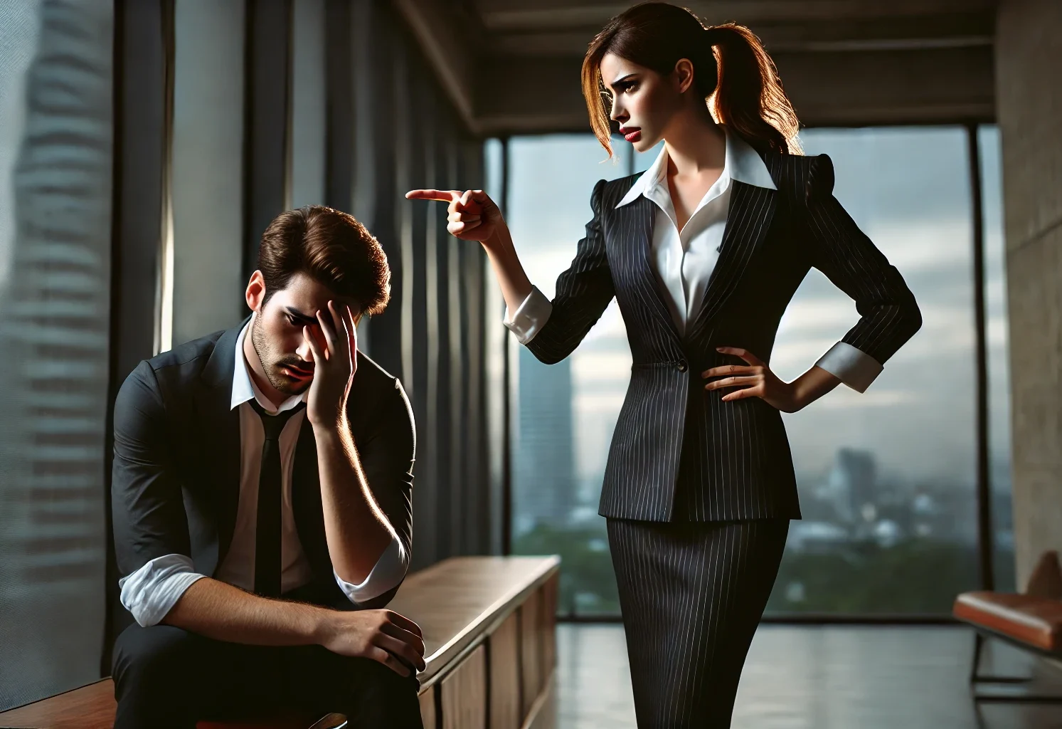 A frustrated woman in a pinstriped suit pointing sternly at a distressed man seated with his head in his hand, set against a professional office backdrop.