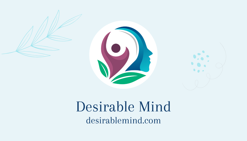 Desirable Mind logo featuring a stylized human figure with green leaves and a blue human profile, alongside the text 'Desirable Mind' and 'desirablemind.com' on a light blue background.