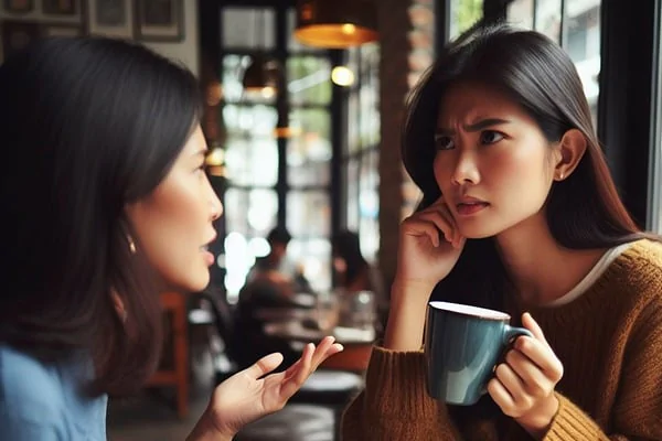 Two women exhibiting social intelligence are sitting in a cozy café, deeply engaged in conversation that is sending trust signals between them. One appears animated, gesturing nonverbal communication as she speaks, while the other listens attentively, her expression thoughtful and slightly puzzled. A cup of coffee and an open book rest on the table, highlighting an intimate and reflective atmosphere.